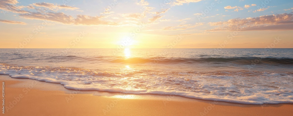 Obraz premium A tranquil sunset over the ocean, casting golden hues on the waves, creating a serene and beautiful coastal scene.