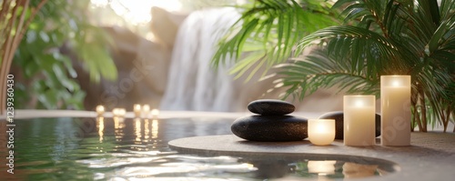 A serene spa setting featuring smooth stones, glowing candles, and lush greenery beside a tranquil water feature.