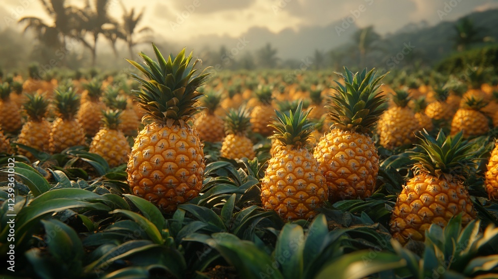 Ripe pineapples growing in a tropical field at sunset. Ripe pineapples growing in a tropical field at sunset.