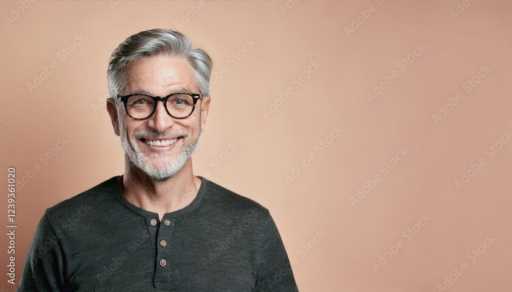 Obraz premium Handsome Smiling Man in Studio Portrait with Charming Look, Pastel Background, copyspace 