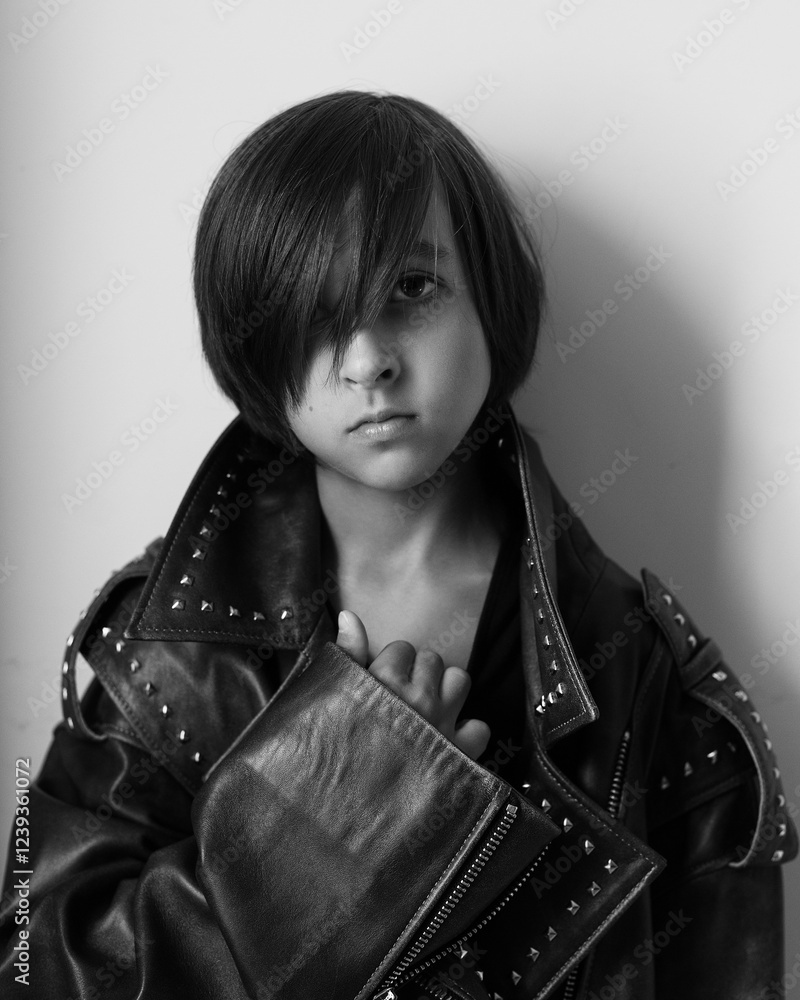 Portrait of an emotional 7-year-old boy in a large leather jacket posing in a studio. black and white photo.