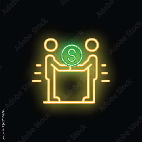 Neon sign of two businessmen making a fast transaction with a dollar coin