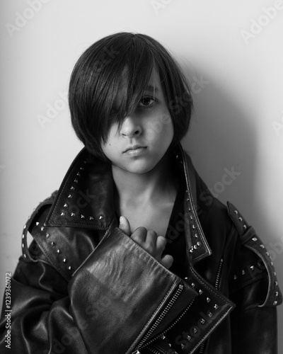 Obraz na płótnie Portrait of an emotional 7-year-old boy in a large leather jacket posing in a studio. black and white photo. w salonie