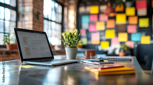 Modern workspace with a laptop, notebooks, and a potted plant on a desk, surrounded by colorful sticky notes on the wall in a bright, creative office photo