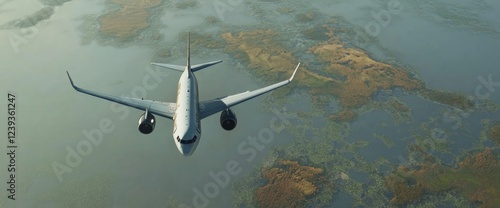 A passenger plane glides gracefully over a vibrant green and blue landscape. The low altitude captures the beauty of the terrain below as it travels through clear daylight skies