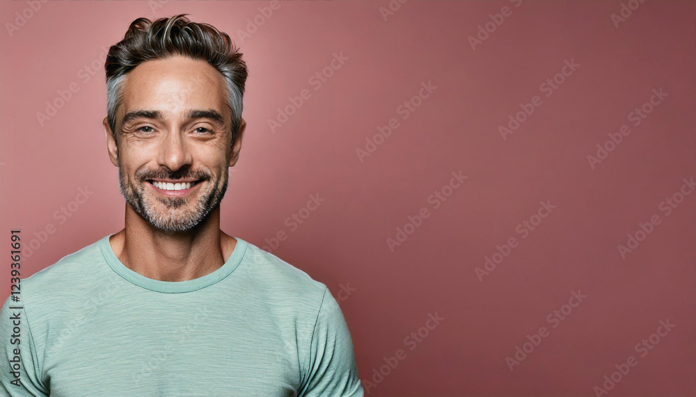 Obraz premium Handsome Smiling Man in Studio Portrait with Charming Look, Pastel Background, copyspace 