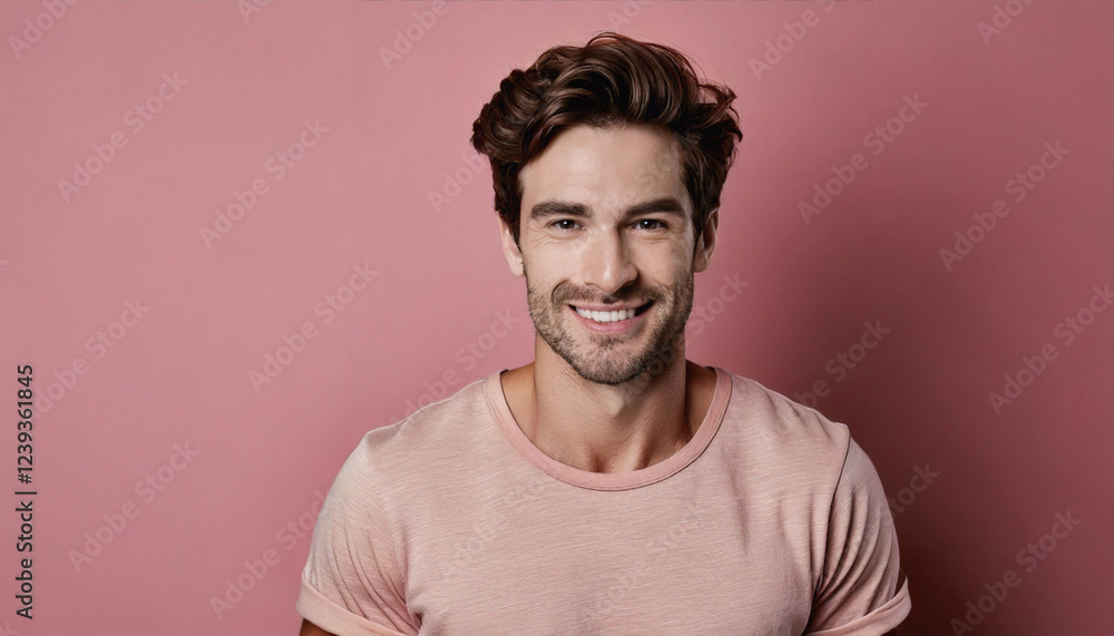 Handsome Smiling Man in Studio Portrait with Charming Look, Pastel Background, copyspace Handsome Smiling Man in Studio Portrait with Charming Look, Pastel Background, copyspace