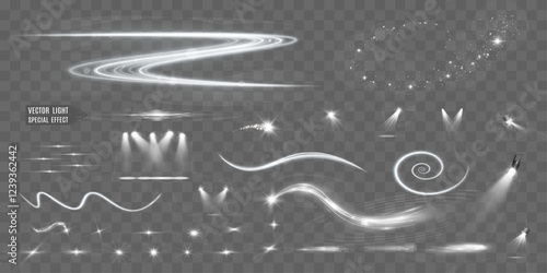 Set of glowing light effects, sparkles, and spotlights on transparent background, perfect for digital design, decorations, and visual effects.