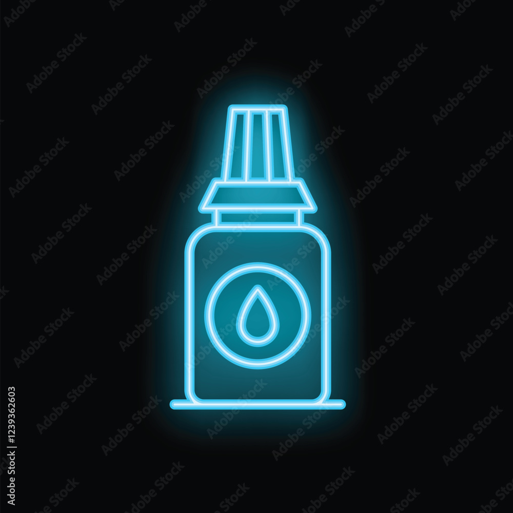 Blue neon icon of an eyedropper bottle glowing on a black background, perfect for designs related to healthcare, medicine, and pharmaceuticals Blue neon icon of an eyedropper bottle glowing on a black background, perfect for designs related to healthcare, medicine, and pharmaceuticals