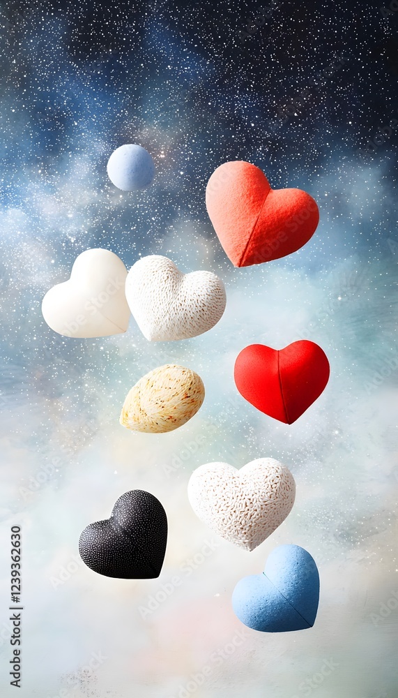 Obraz premium Colorful 3D Hearts Floating in a Dreamy Cosmic Background