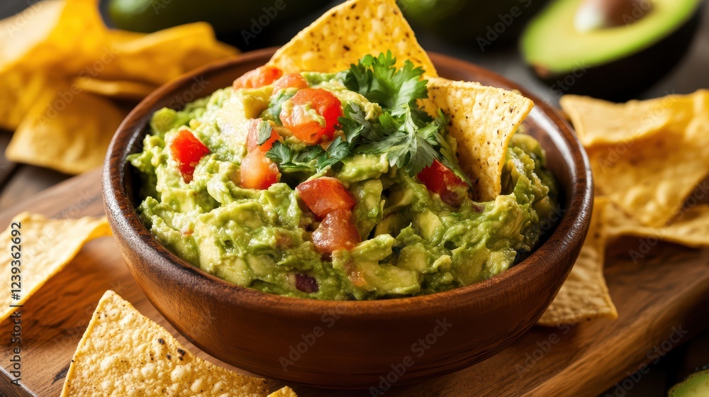 Fresh guacamole with tomatoes and tortilla chips in wooden bowl Fresh guacamole with tomatoes and tortilla chips in wooden bowl