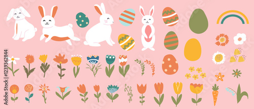 Set of cute easter bunnies and eggs with colorful spring flowers and decor elements. Geometric hand drawn happy easter icons.