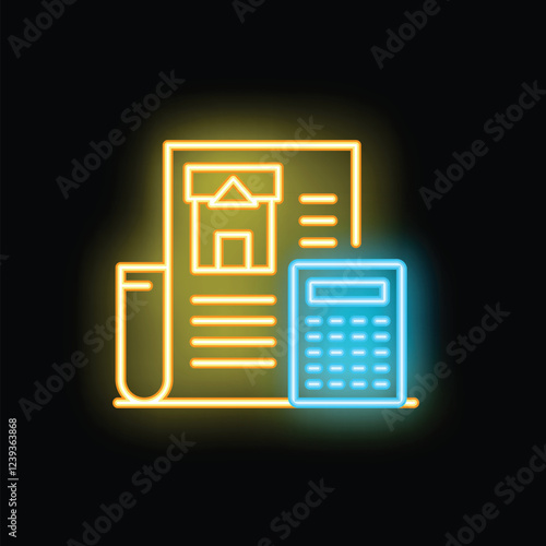 Neon glowing icon of a calculator calculating the costs of a house project