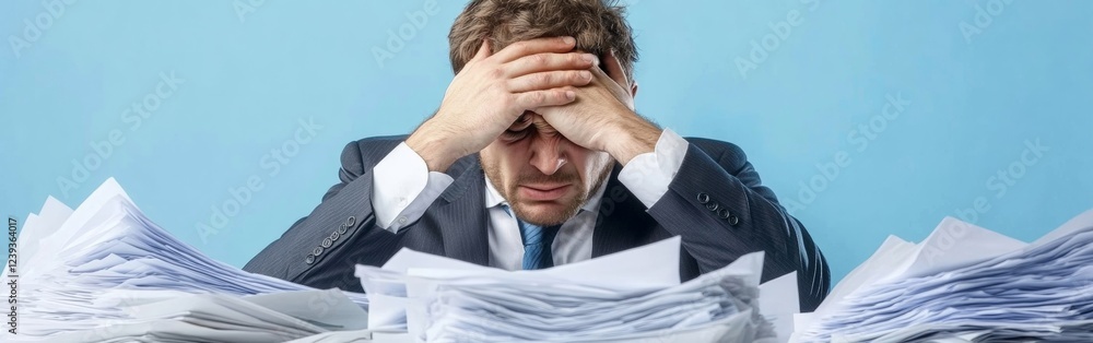 A businessman is seated at his cluttered desk, surrounded by piles of paperwork. He clutches his head in distress, showcasing the pressures of work and looming deadlines A businessman is seated at his cluttered desk, surrounded by piles of paperwork. He clutches his head in distress, showcasing the pressures of work and looming deadlines