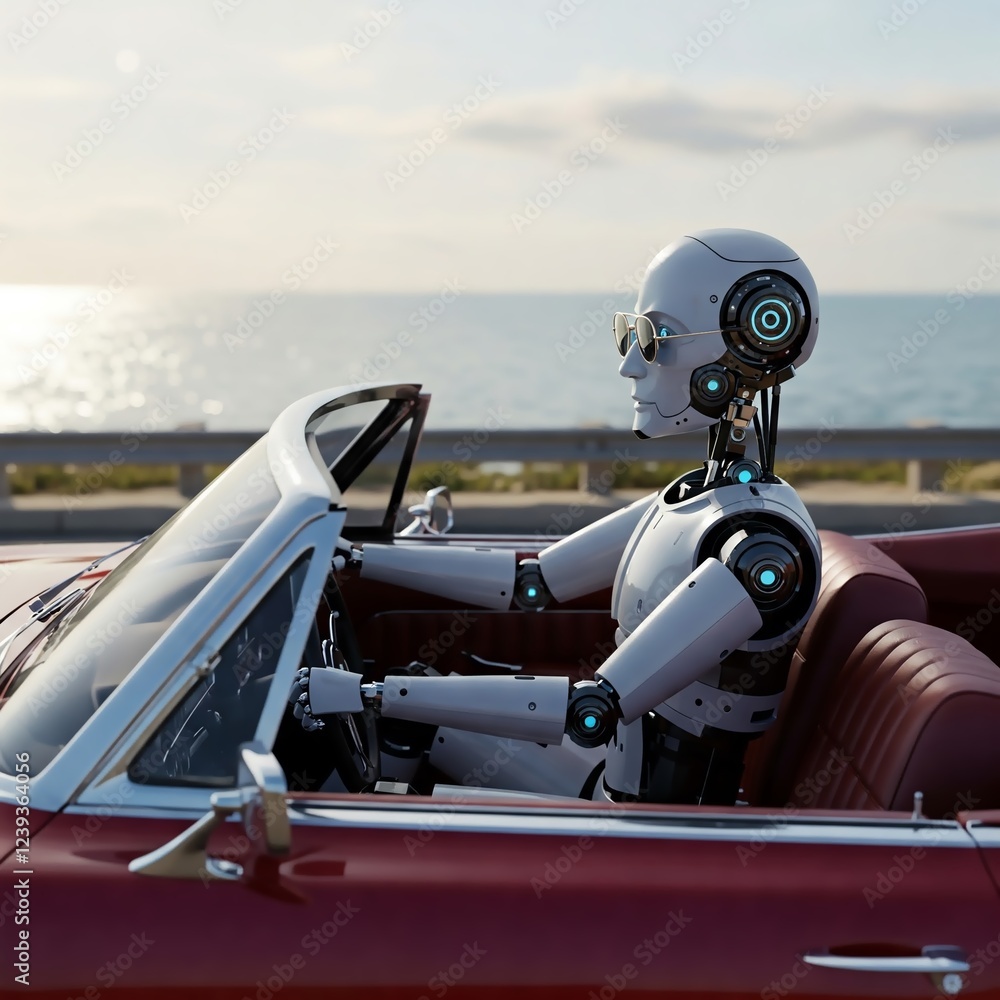 Fototapeta premium A humanoid robot operates a car, showcasing advanced AI and automation in self-driving technology.