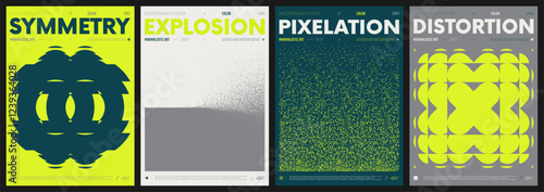 Modern abstract artwork collection, vector minimalistic posters with geometric shapes, brutalism style inspired graphic, bold Y2k futuristic aesthetic, form distortion effect, color set 10