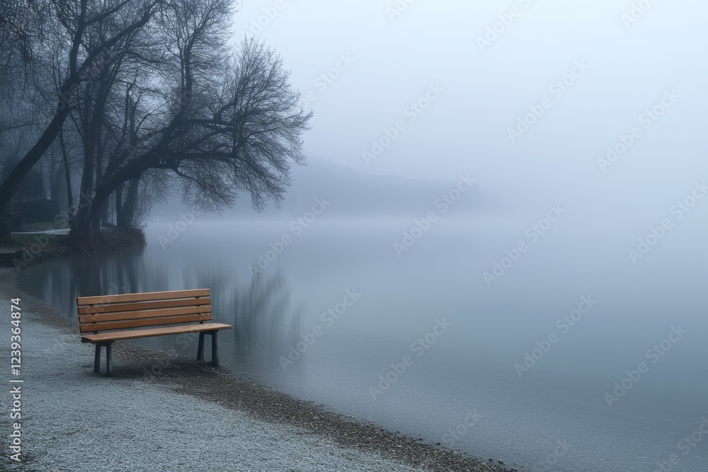 A lone wooden bench sits by a foggy lakeshore, surrounded by trees and a calm, mist-covered water surface A lone wooden bench sits by a foggy lakeshore, surrounded by trees and a calm, mist-covered water surface