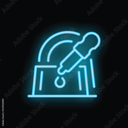 Blue neon icon of a pipette dropping liquid into a beaker, representing scientific research and laboratory analysis