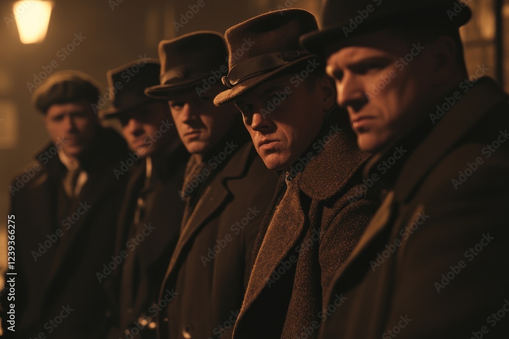 Obraz premium Gangsters in the shadows of the night, a vintage crime scene. Mysterious, suspenseful, and dark, these men in hats exude an air of danger and intrigue. A classic film noir aesthetic.