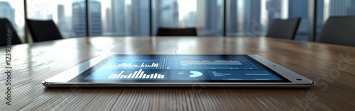 Close-up of a tablet showing data analytics in a modern office for online training