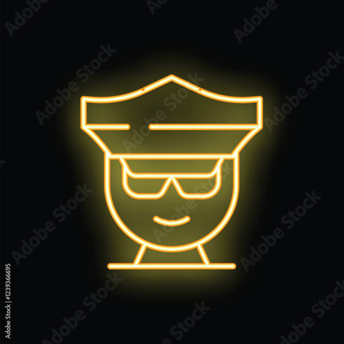 Neon icon of a police officer wearing sunglasses and smiling, glowing yellow on a black background