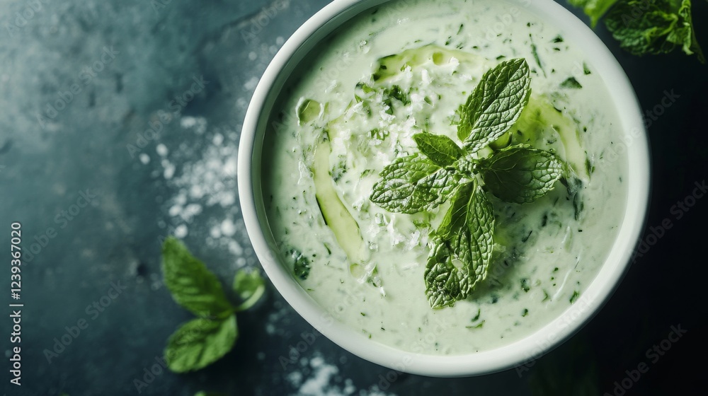 Obraz premium Chilled Cucumber and Mint Soup Served in a White Bowl