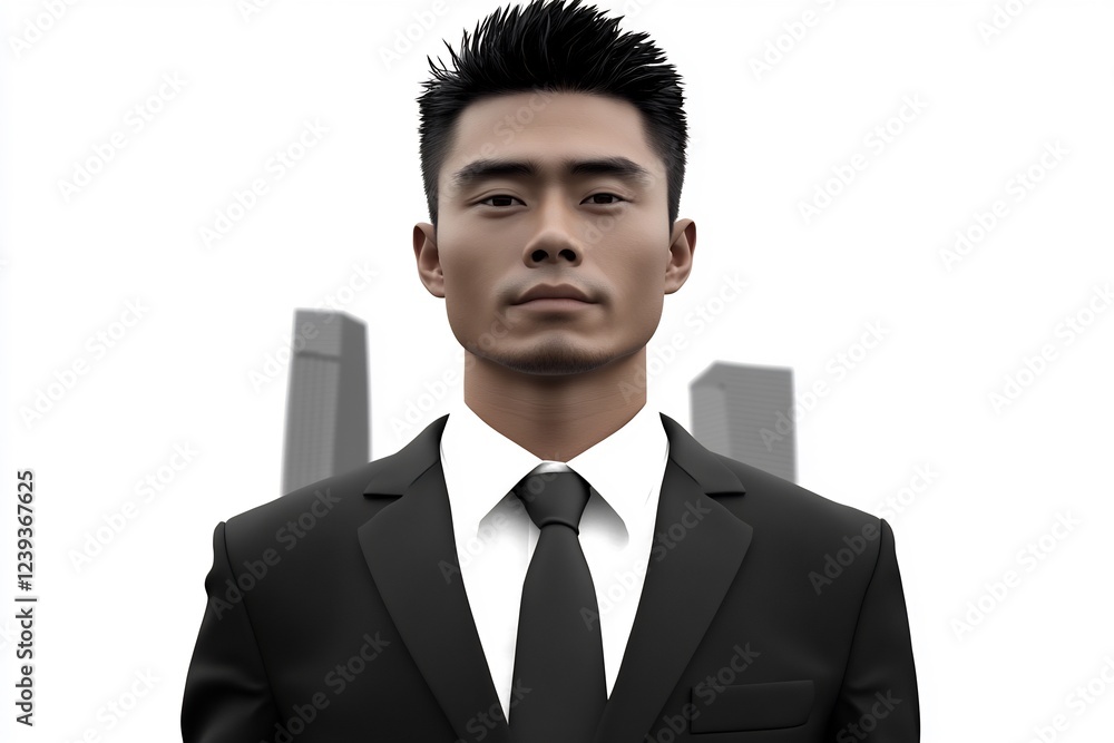 Asian man in formal attire standing confidently with city view Asian man in formal attire standing confidently with city view