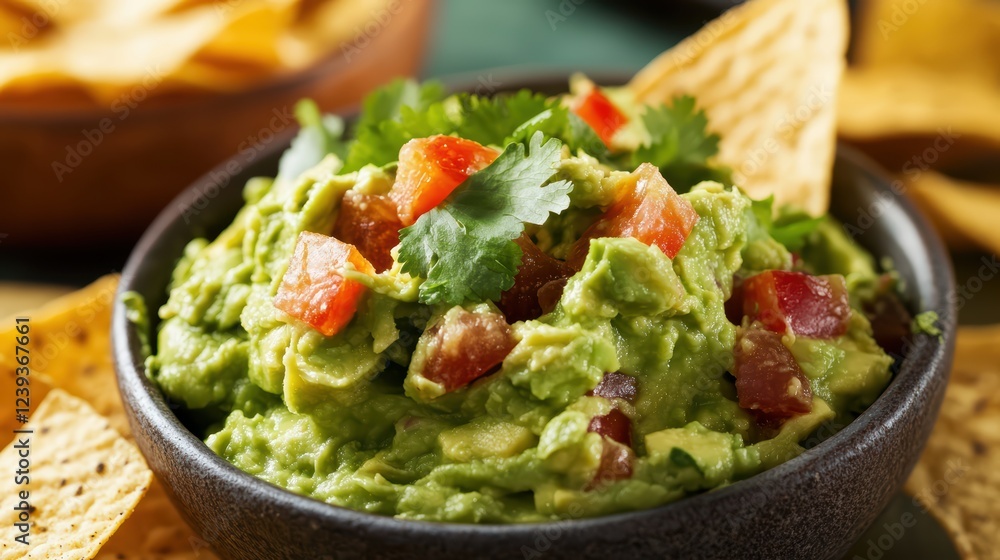 Fresh homemade guacamole with tomatoes and cilantro in bowl with tortilla chips Fresh homemade guacamole with tomatoes and cilantro in bowl with tortilla chips