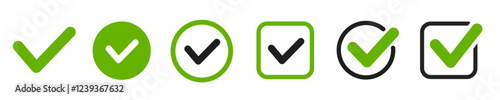 Check mark icons set. Vector illustrations. Tick symbols collection. Checkmark icons and checkbox signs.