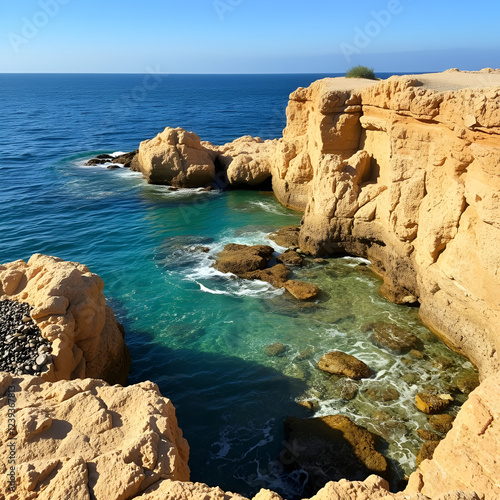 PLAYA. COSTA. ROCAS JUNTO AL MAR. EL MAR ES DE COLOR AZUL VERDOSO. CONTRASTE DE LAR ROCAS CON EL AGUA DEL MAR. photo