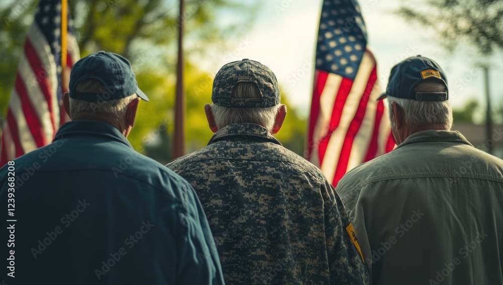 Veterans Day Remembrance: Three Veterans stand solemnly before American flags, paying tribute to service and sacrifice. Veterans Day Remembrance: Three Veterans stand solemnly before American flags, paying tribute to service and sacrifice.