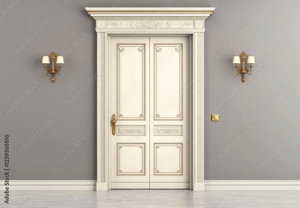 Regal Entrance: A Classic White Double Door with Gold Trim
Regal Entrance: A Classic White Double Door with Gold Trim