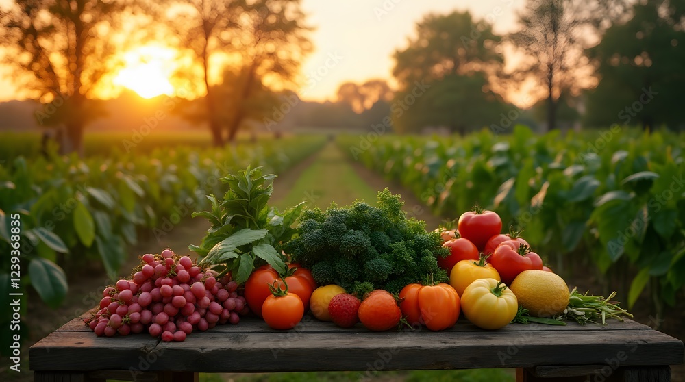 fruits and vegetables on the farm. Vegetables on the table against the background of the garden in the evening. Sunset on the background of the garden and only torn vegetables. fruits and vegetables on the farm. Vegetables on the table against the background of the garden in the evening. Sunset on the background of the garden and only torn vegetables.