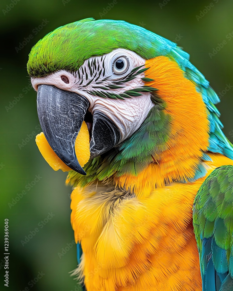 Fototapeta premium Macaw Parrot Enjoying a Fruit Treat - A colorful Macaw biting into a juicy mango slice