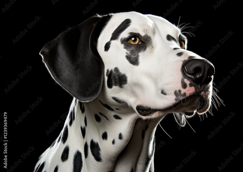 Dalmatian dog with distinctive black spots on black background, showcasing its unique features and expressive eyes. This captures elegance and charm of breed Dalmatian dog with distinctive black spots on black background, showcasing its unique features and expressive eyes. This captures elegance and charm of breed