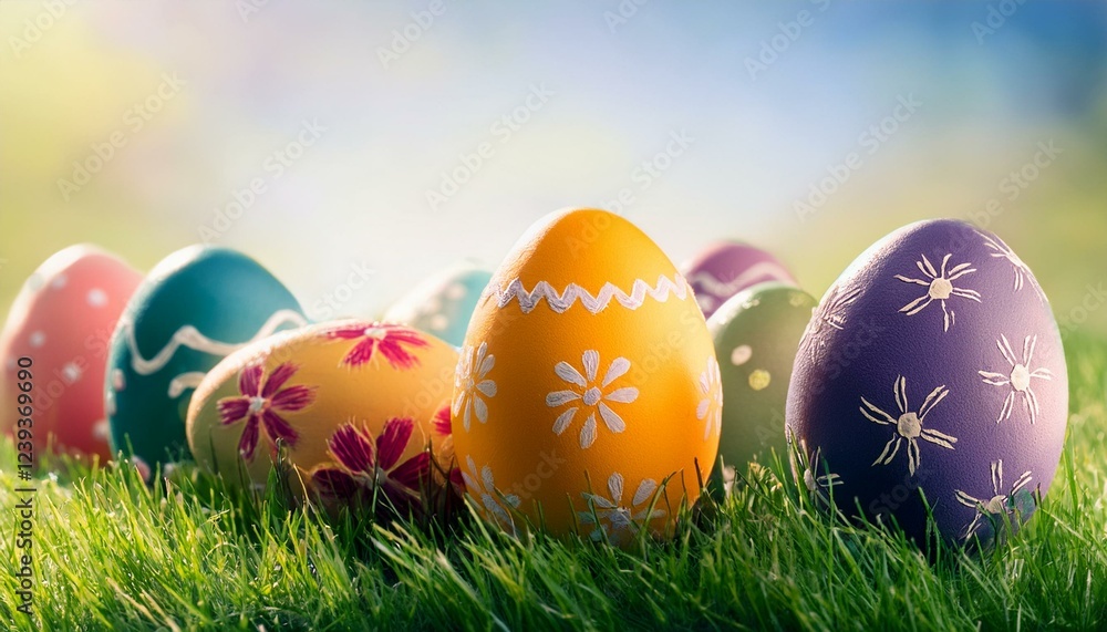 Decorated easter eggs in grass background Decorated easter eggs in grass background