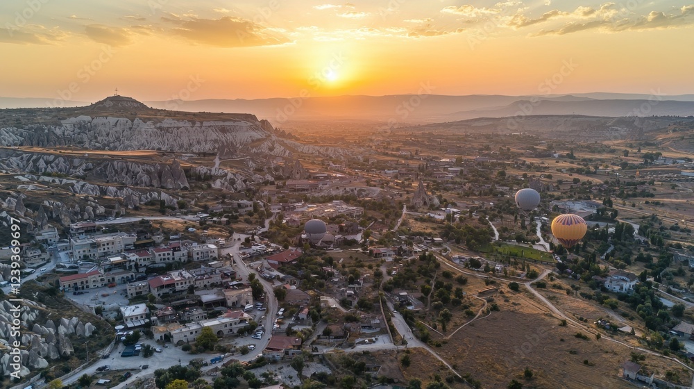 Obraz premium Aerial view of Cappadocia hot air balloons at sunrise --ar 16:9 --quality 2 --style raw --v 6.1 Job ID: 7cbf13c8-fc07-4085-82a7-4d60be942a14