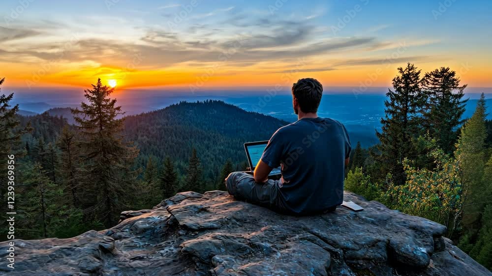 Enjoying a sunset while working on a laptop from a mountain overlook in the evening Enjoying a sunset while working on a laptop from a mountain overlook in the evening