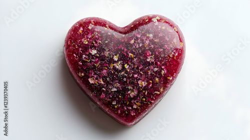 A single heart-shaped soap bar with floral scent against pure white background