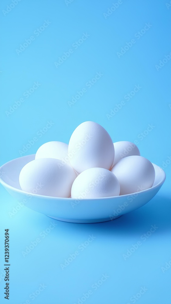 White chicken eggs in white bowl with detailed shell texture on light blue background with space for text. Background for design, advertising. White chicken eggs in white bowl with detailed shell texture on light blue background with space for text. Background for design, advertising.