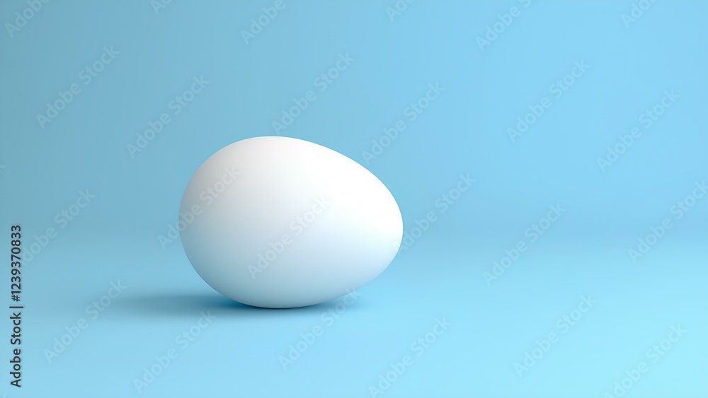 One white egg isolated on a light blue background with space for text, lying horizontally. Minimalist design. One white egg isolated on a light blue background with space for text, lying horizontally. Minimalist design.