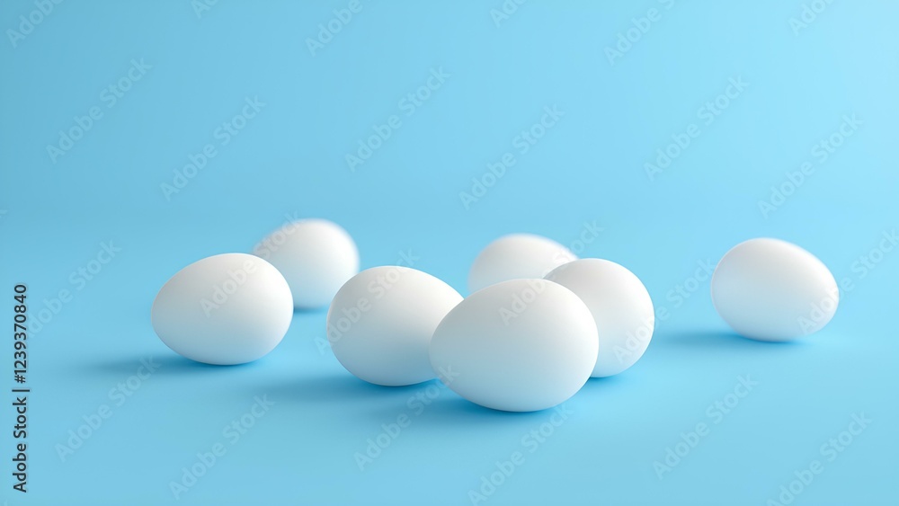 White eggs isolated on light blue background with space for text, lying horizontally. Minimalist design. White eggs isolated on light blue background with space for text, lying horizontally. Minimalist design.