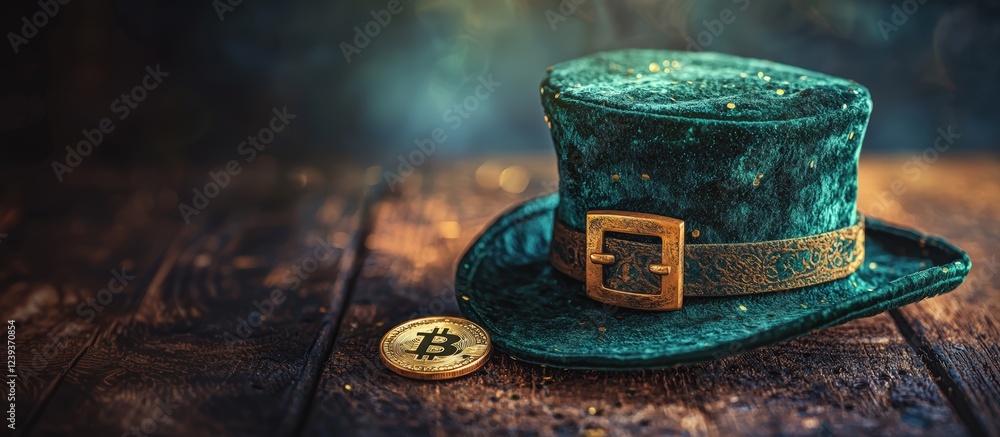 A Green Hat with a Gold Buckle and Decorative Band Placed on a Wooden Surface. Next to the Hat is a Gold Coin with the Bitcoin Symbol. The Hat is Adorned with Golden Specks A Green Hat with a Gold Buckle and Decorative Band Placed on a Wooden Surface. Next to the Hat is a Gold Coin with the Bitcoin Symbol. The Hat is Adorned with Golden Specks
