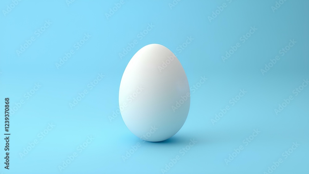 One white egg isolated on a light blue background with space for text, seated vertically. Minimalist design. One white egg isolated on a light blue background with space for text, seated vertically. Minimalist design.