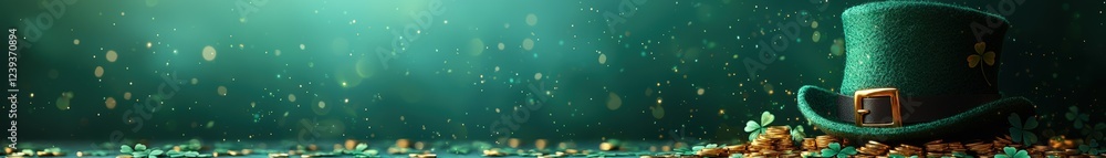 Background in green tones with fresh fox clover next to a hat with gold buckle and decorative ribbon, gold coins scattered around the hat Background in green tones with fresh fox clover next to a hat with gold buckle and decorative ribbon, gold coins scattered around the hat