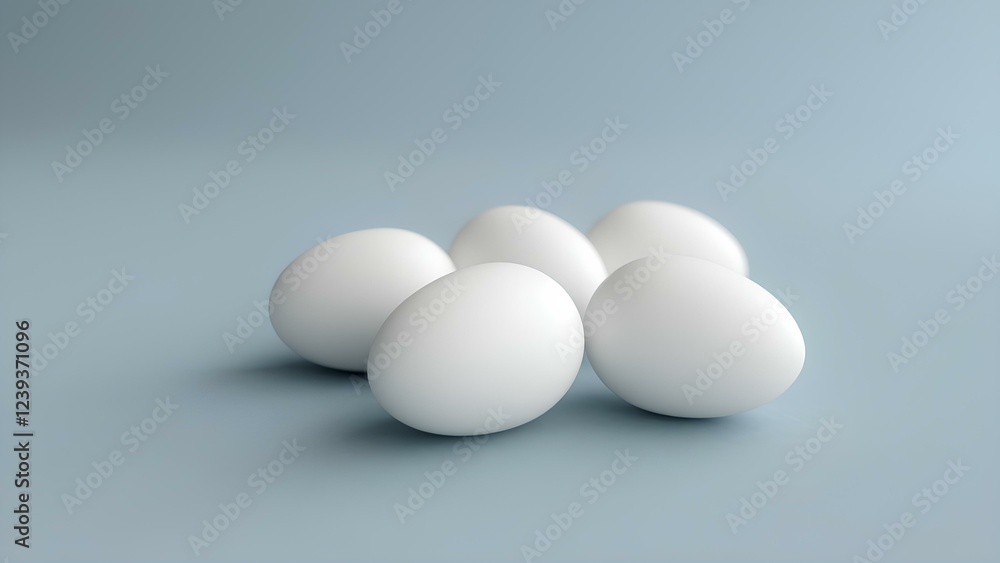 Five white eggs isolated on light gray background with space for text, lying horizontally. Minimalist design. Five white eggs isolated on light gray background with space for text, lying horizontally. Minimalist design.