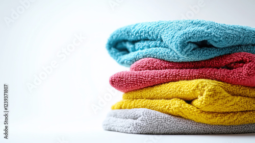 Neatly folded colorful towels close up for home decor and hygienic organization