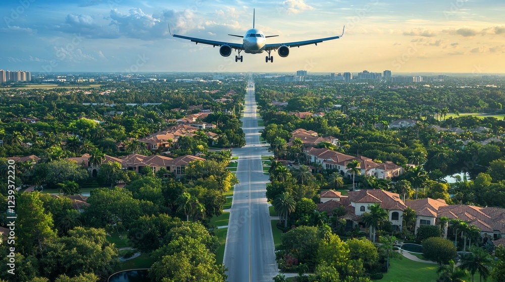 A large airplane approaches landing as it gracefully descends over picturesque homes and lush greenery in suburban Miami. The sun sets in the background, creating a tranquil atmosphere A large airplane approaches landing as it gracefully descends over picturesque homes and lush greenery in suburban Miami. The sun sets in the background, creating a tranquil atmosphere