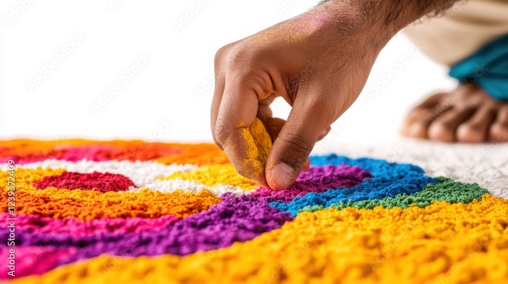 Fototapeta premium Intricate rangoli design creation for diwali celebration featuring vibrant colors and artistic detail