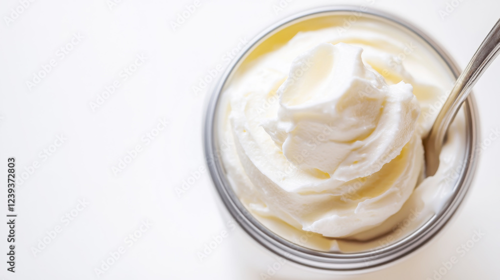 Close up of sour cream in a container with spoon on white background Close up of sour cream in a container with spoon on white background